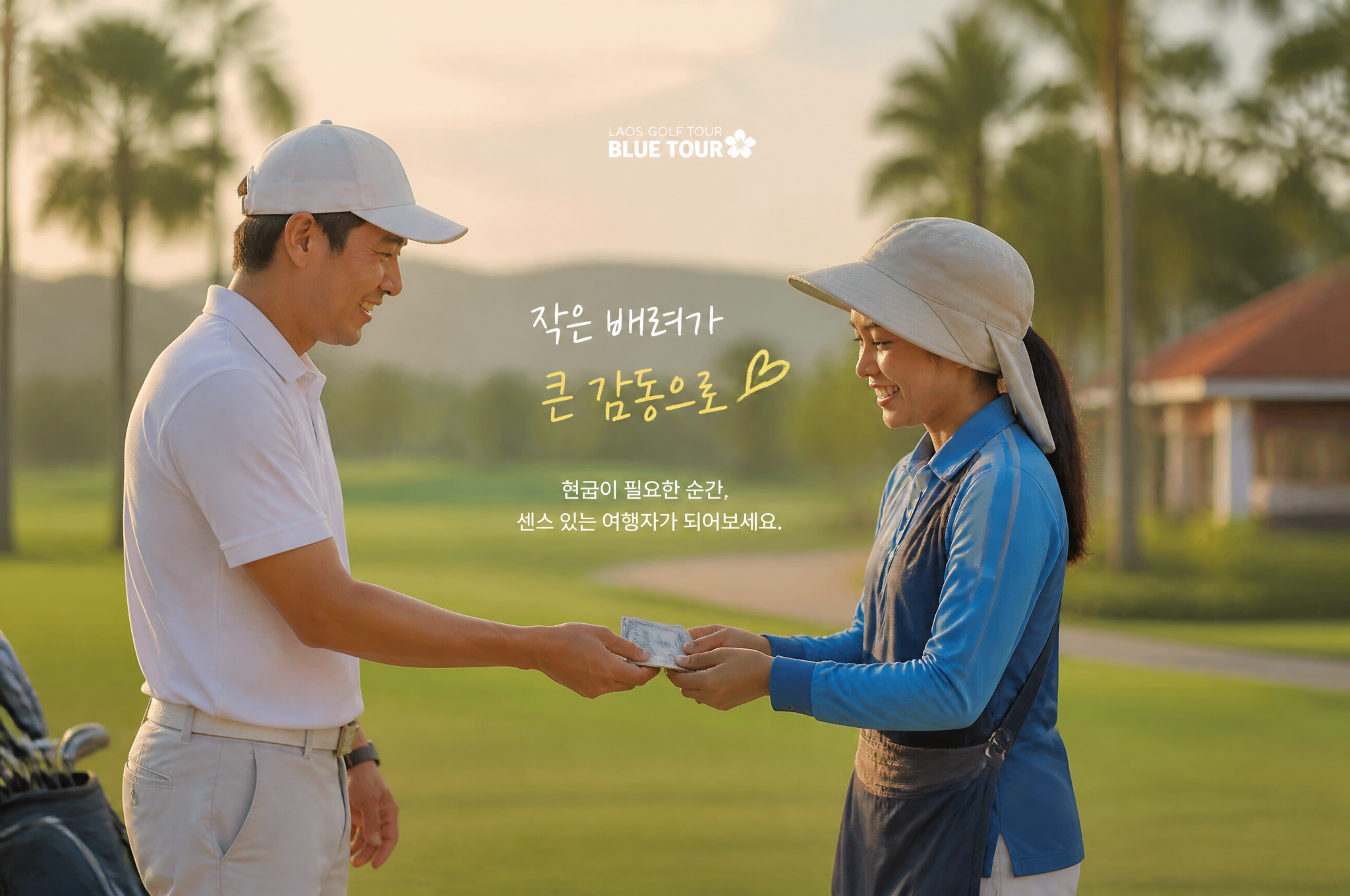 라오스 골프투어 환전, 캐디팁 건네는 모습
