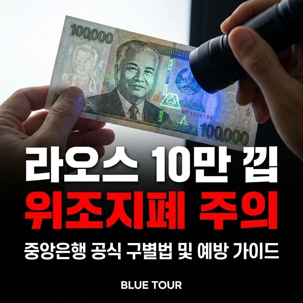 라오스 10만 낍 지폐 위조지폐 확인
