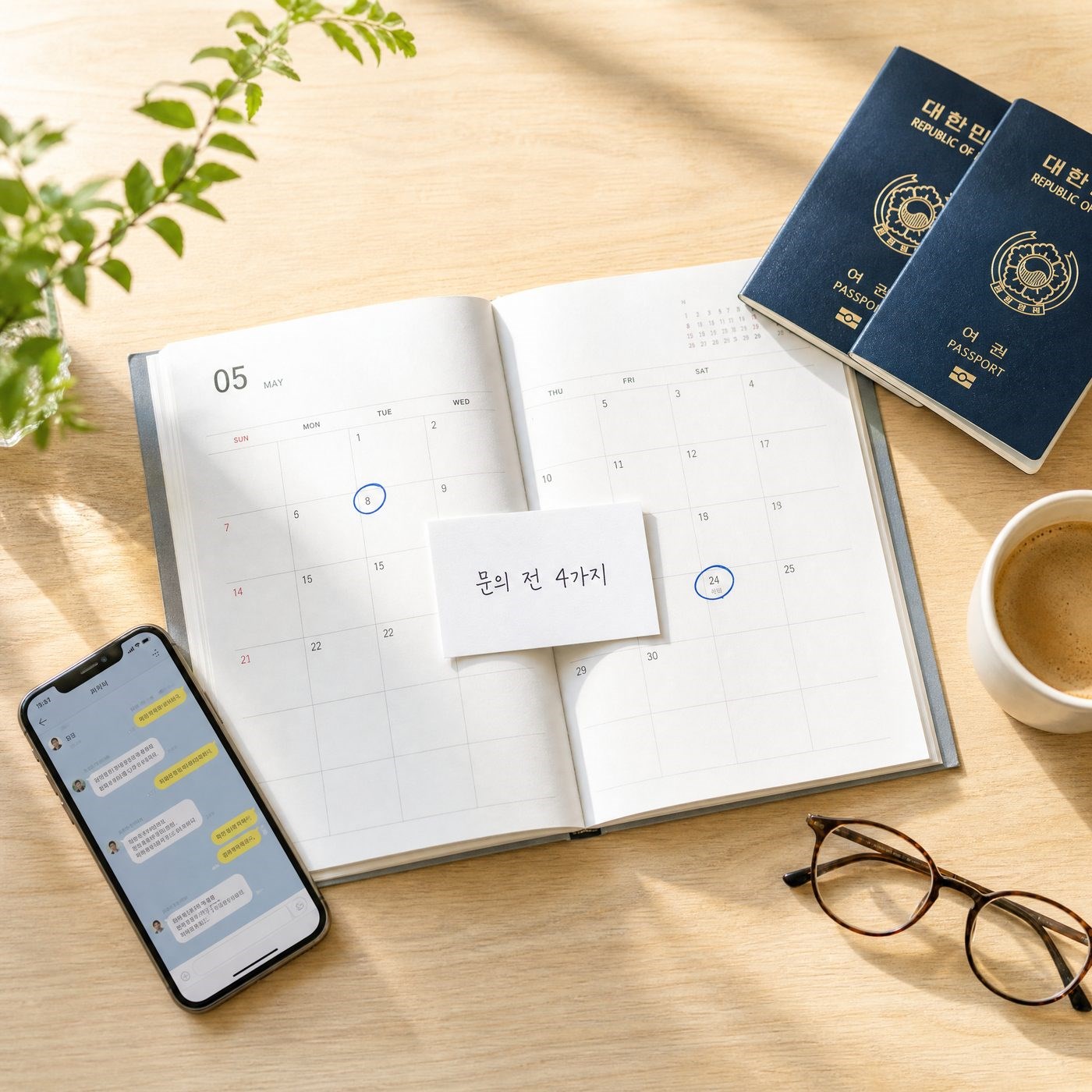 라오스 여행 문의 준비물, 달력과 여권을 놓고 일정을 정하는 모습